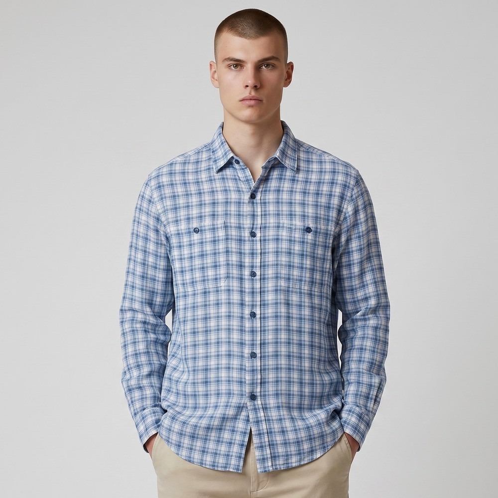 Vtg 90s Polo Ralph Lauren The Active Workshirt Blue Plaid Linen Cotton Blend L